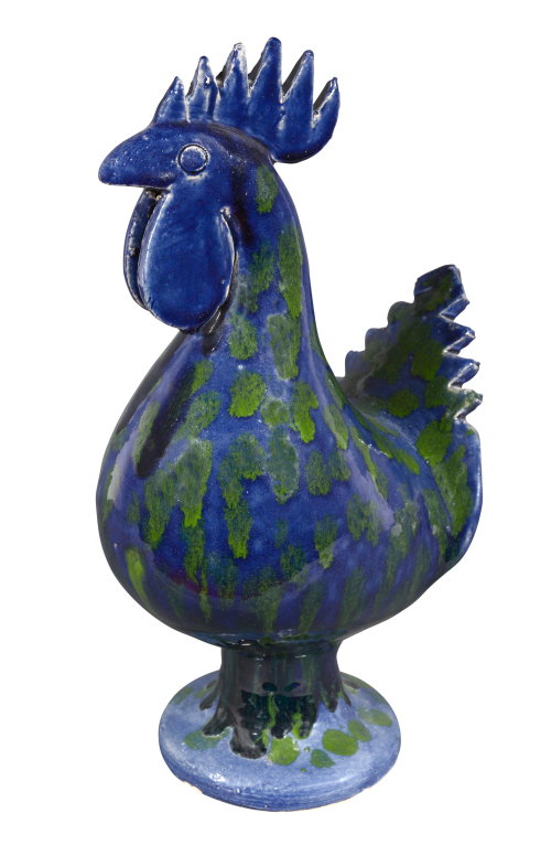 Green Spotted Glaze Over Cobalt Blue Rooster